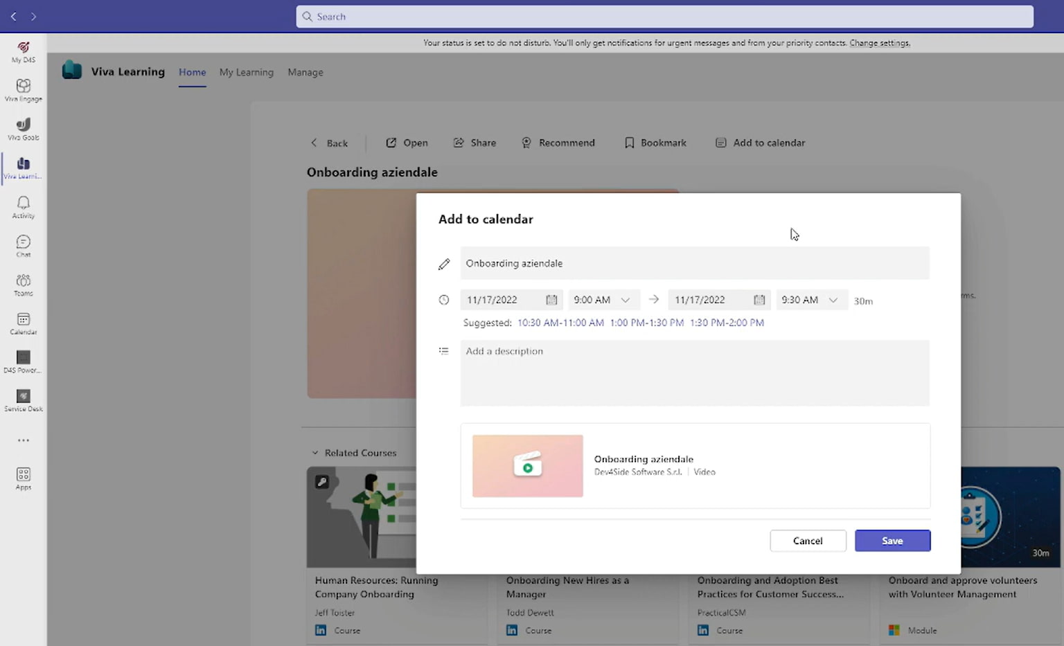 "Add to calendar" feature in Viva Learning