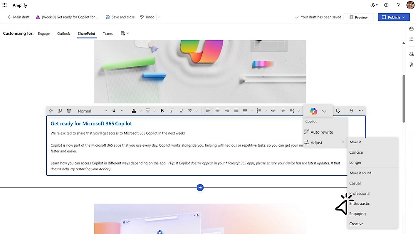 Detail on the use of Copilot in Viva Amplify