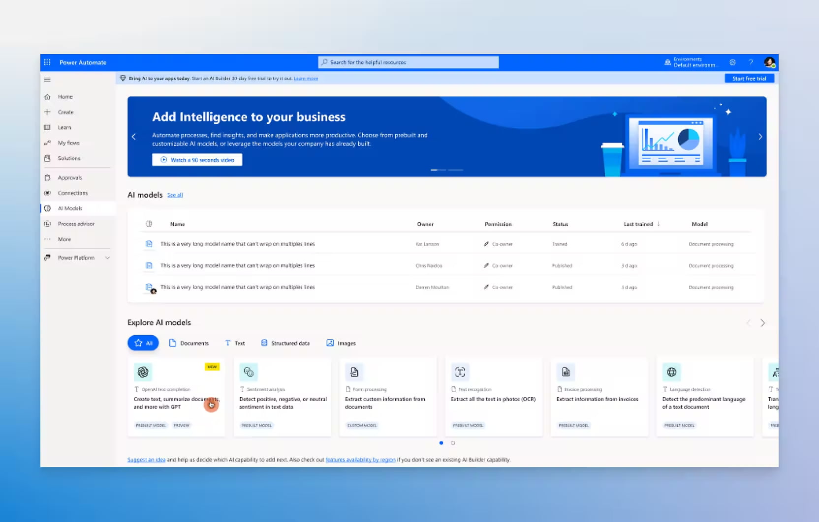 Available AI models in Microsoft Power Automate
