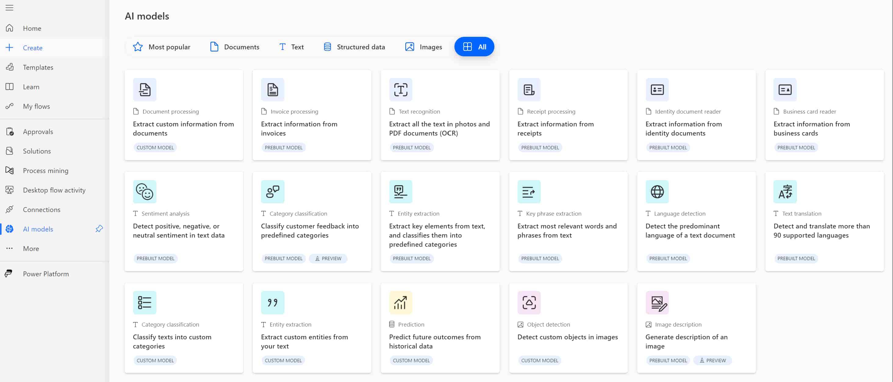 AI models available in Power Automate