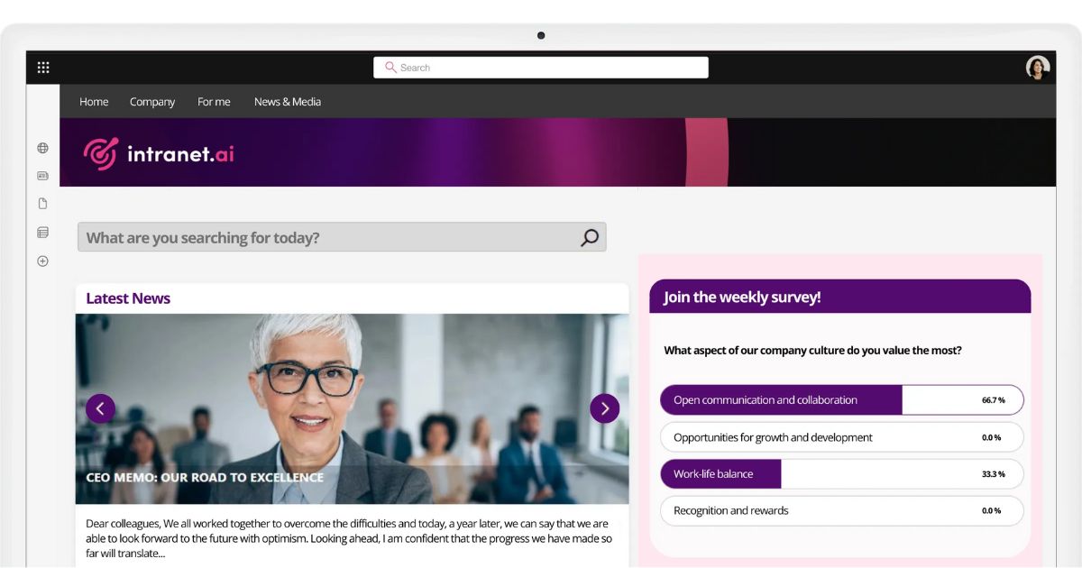 Modern communications and quick surveys in SharePoint intranet by intranet.ai