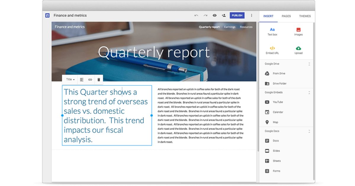 Example of a web page created with Google Sites