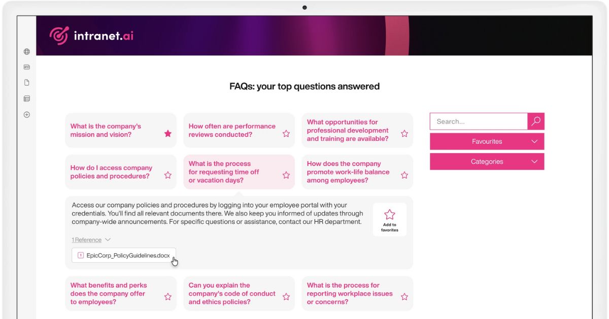 FAQ page in the SharePoint intranet of intranet.ai