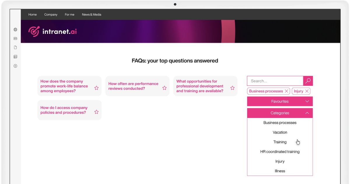 Categorizing FAQs in the SharePoint intranet of intranet.ai
