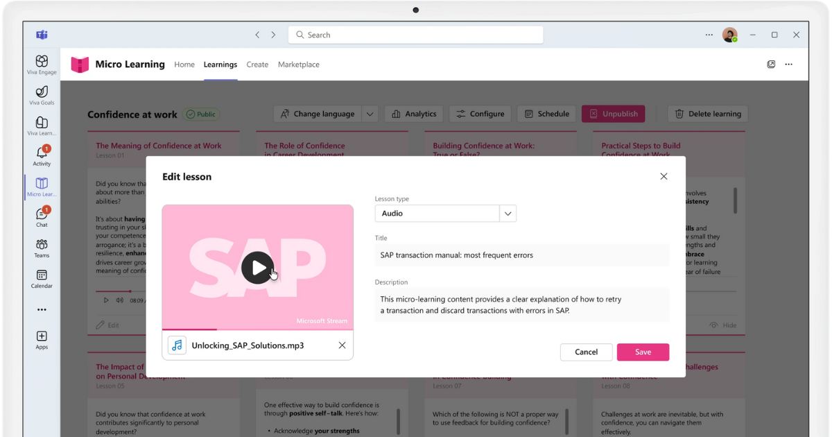 Example of an audio lesson in Microlearning by intranet.ai