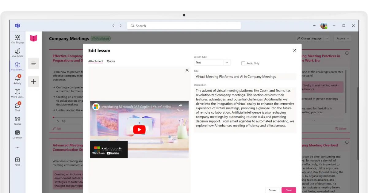 Inserting video content into intranet.ai Microlearning lessons