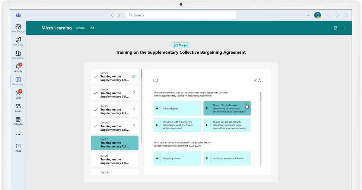 Example of a quiz to test knowledge in Microlearning by intranet.ai