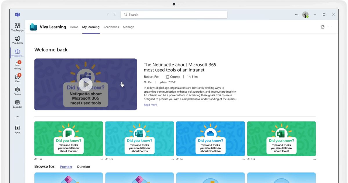 Micro-lessons on Microsoft 365 by intranet.ai accessible from Teams