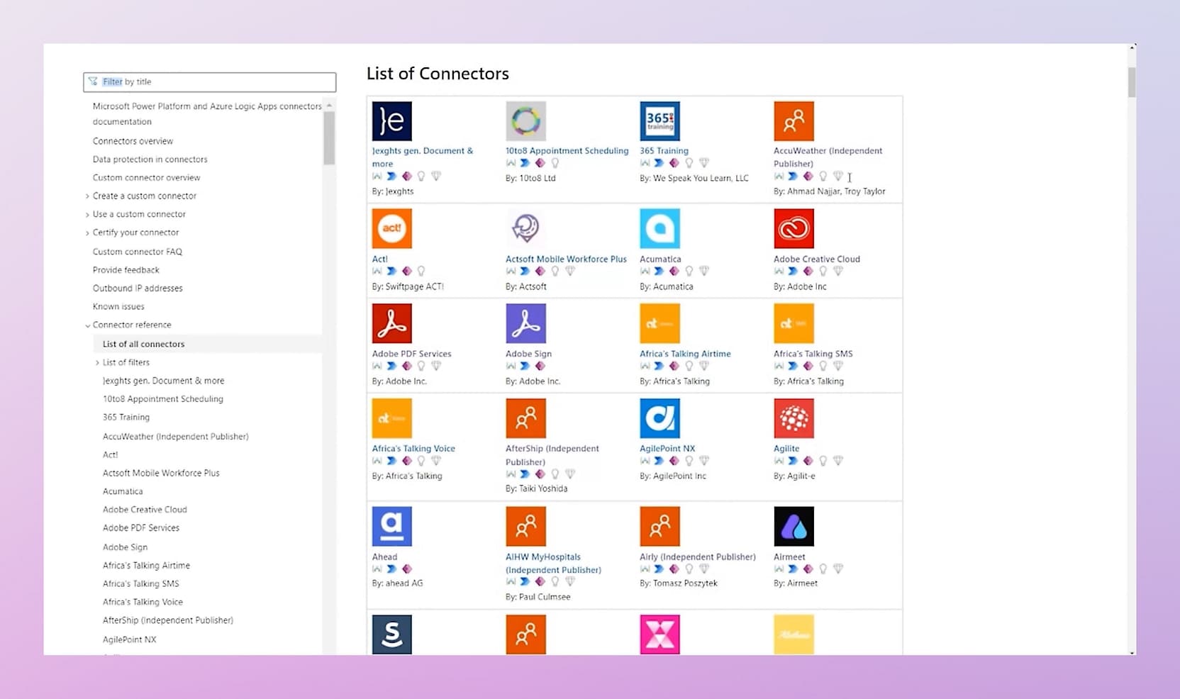 Gallery of connectors available in Microsoft 365