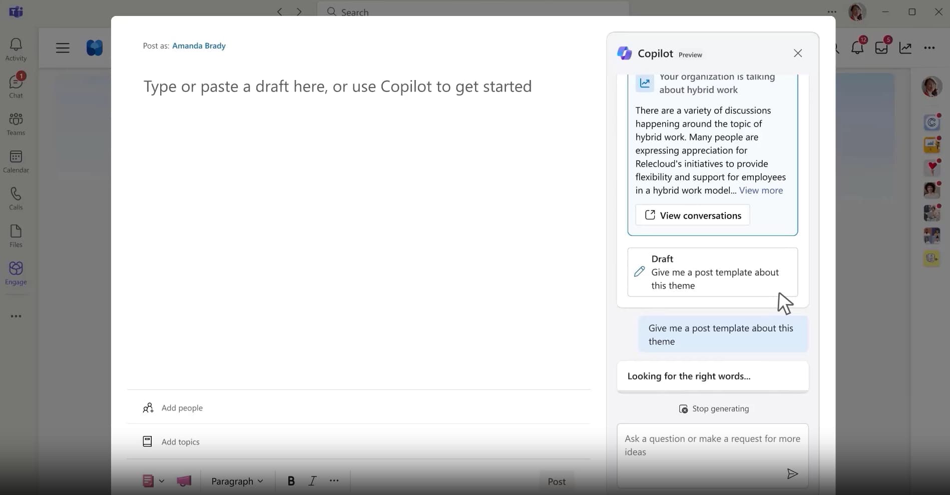 Drafting a post with Copilot in Viva Engage