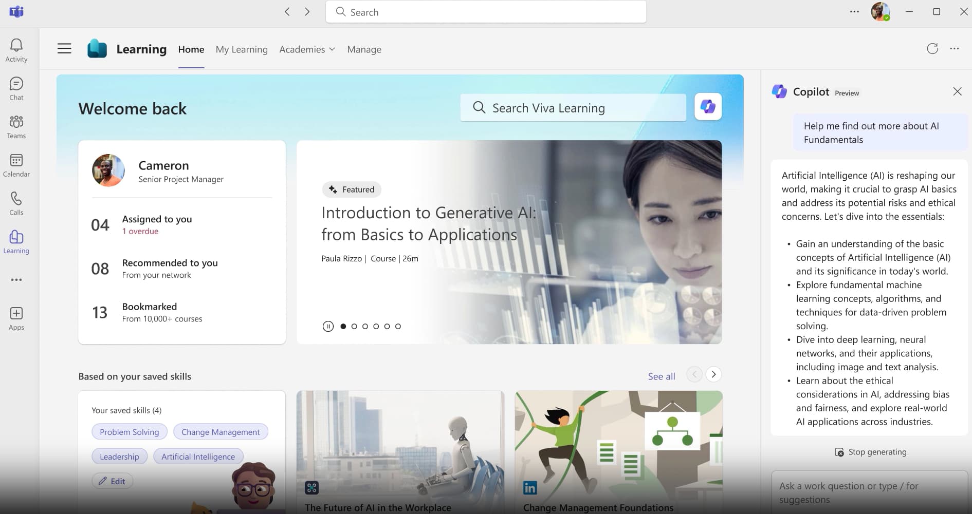 Learning with Copilot in Viva Learning