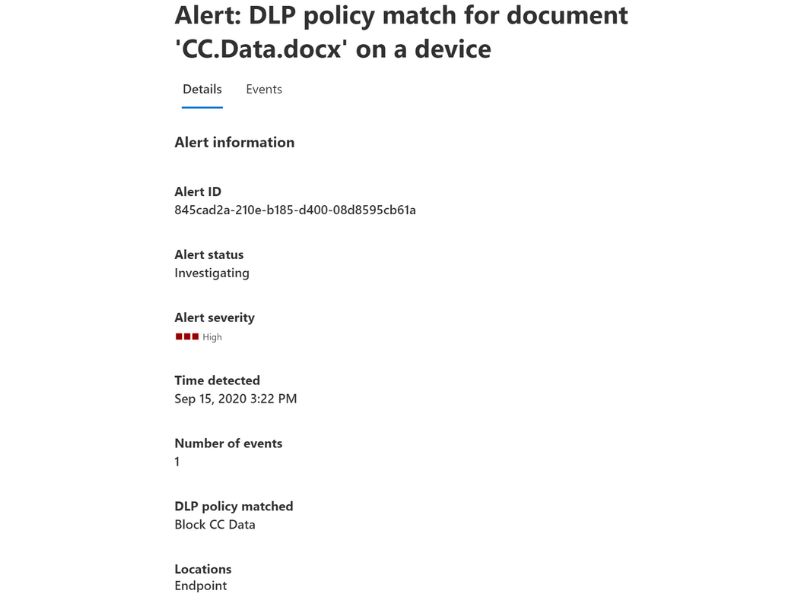 Alerts generated by matches with criteria and activities from Windows 10 devices