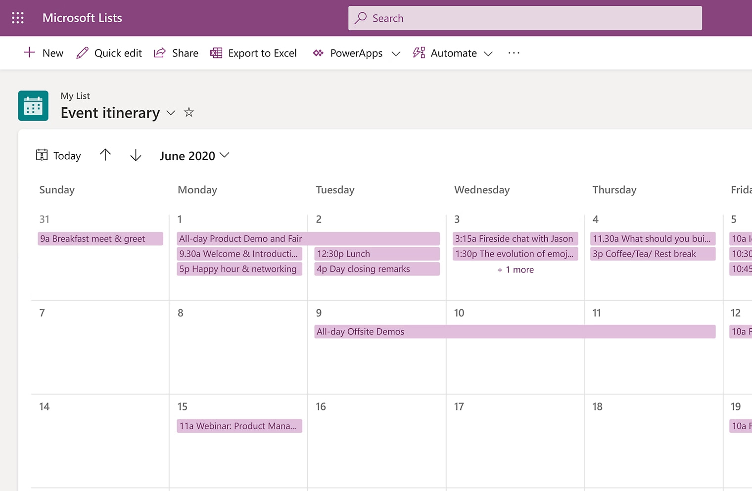 Event itinerary template of Microsoft Lists