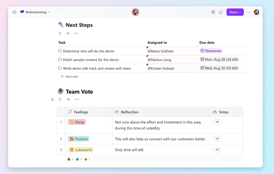 Tableau Loop pour voter sur les propositions de l'équipe