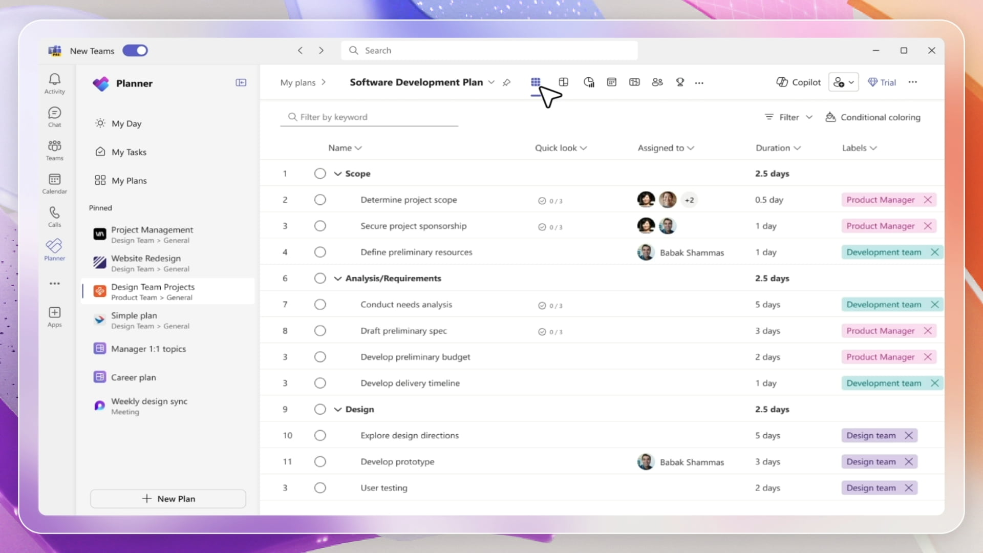 Managing shared tasks with Planner in the Teams app