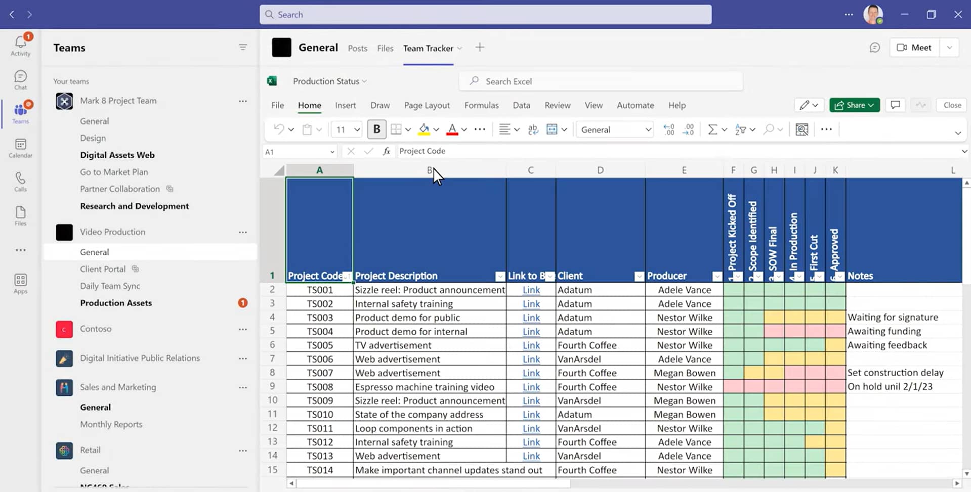 Coordinating project activities in Microsoft Teams channels
