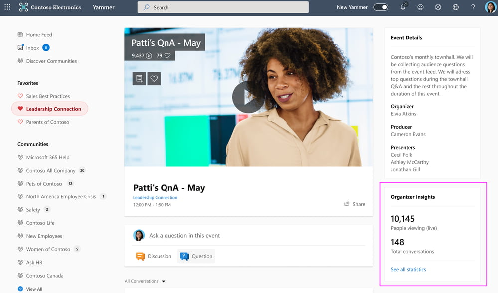 Live events with organizer insights in Microsoft Yammer