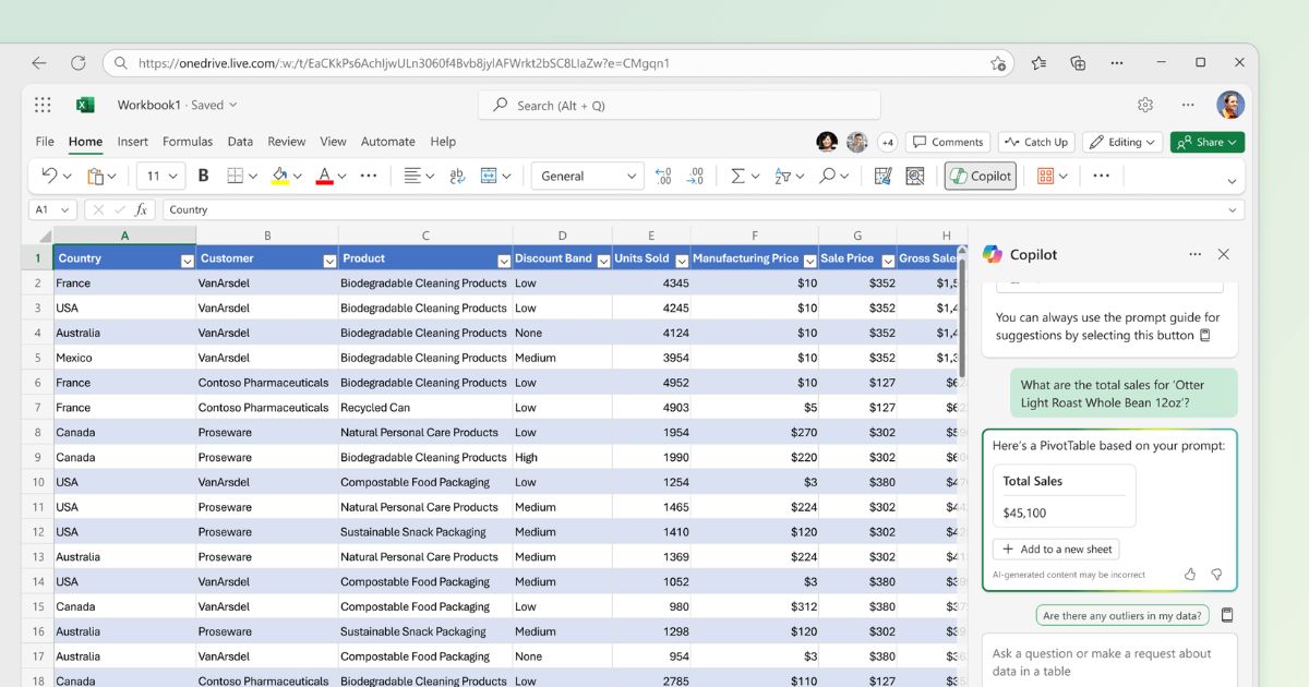 Creating a pivot table with Copilot in Excel
