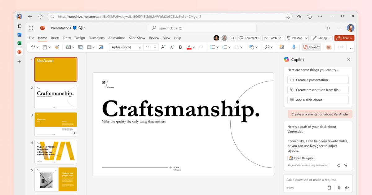 Creating a presentation with Copilot in Office 365 PowerPoint