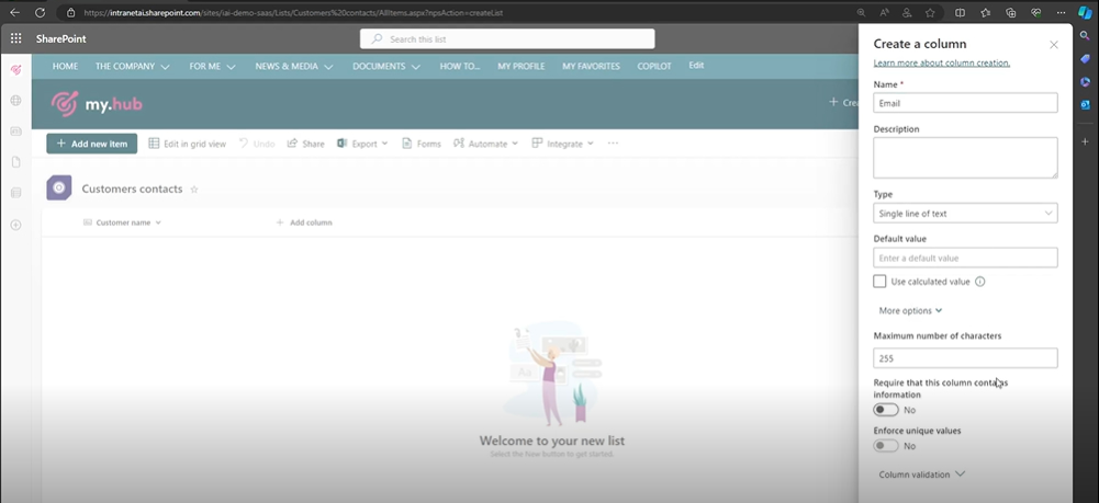 Column configuration box to insert customer emails