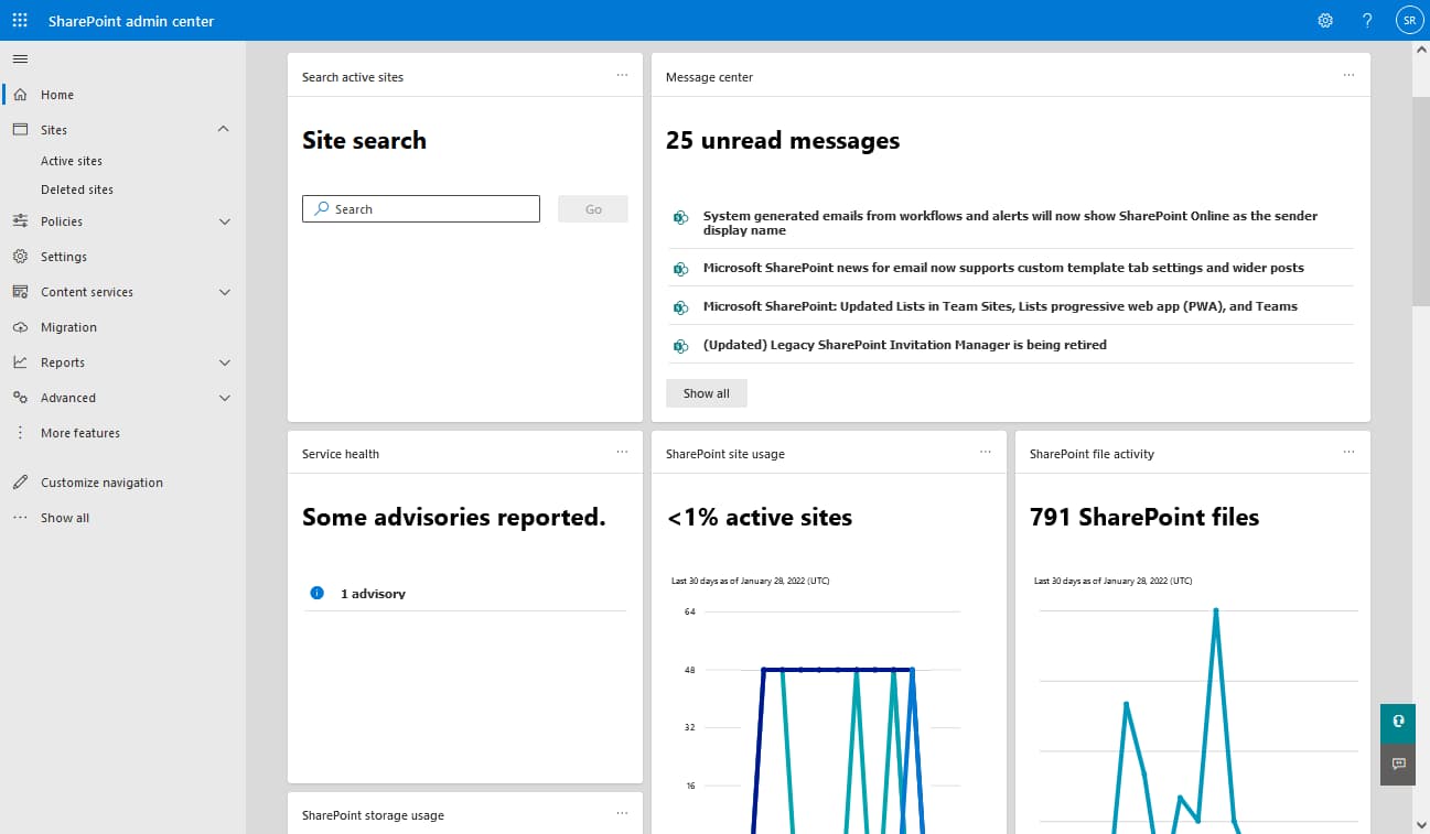 SharePoint Admin Center home page