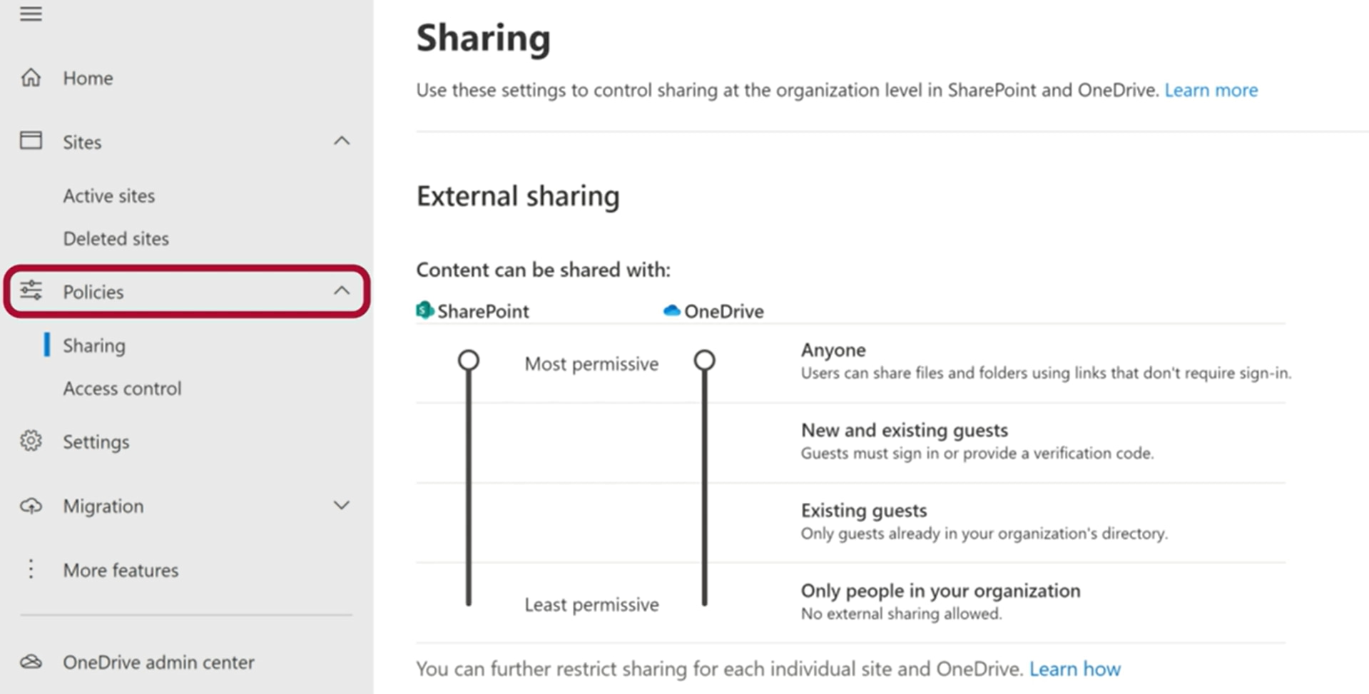 File sharing settings in the SharePoint Admin Center