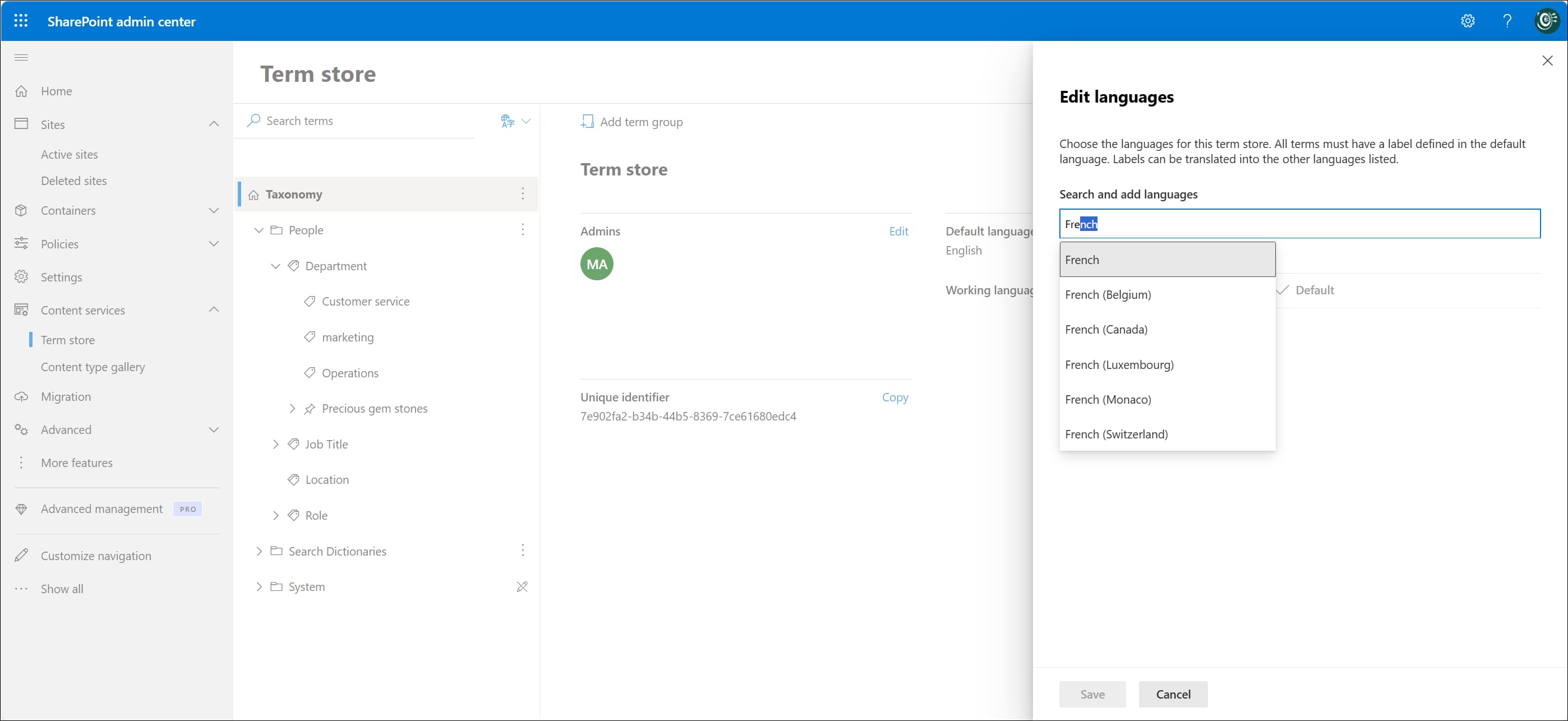 Defining the term store language in the SharePoint Admin Center