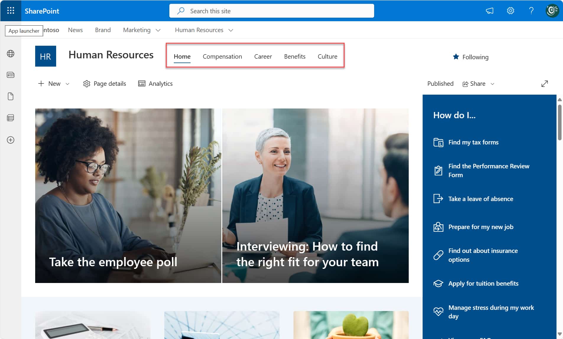 Navigating a SharePoint communication site