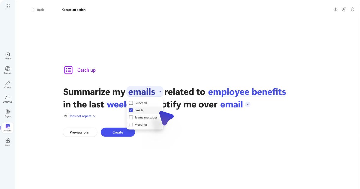 Example of using copilot actions in microsoft teams