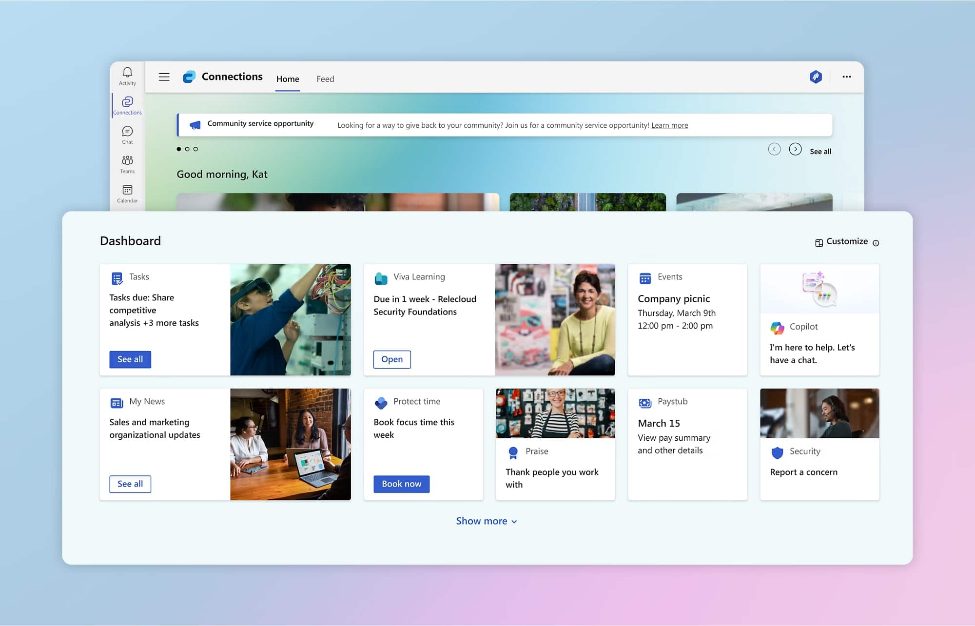 Viva Connections dashboard with content from SharePoint and Microsoft 365