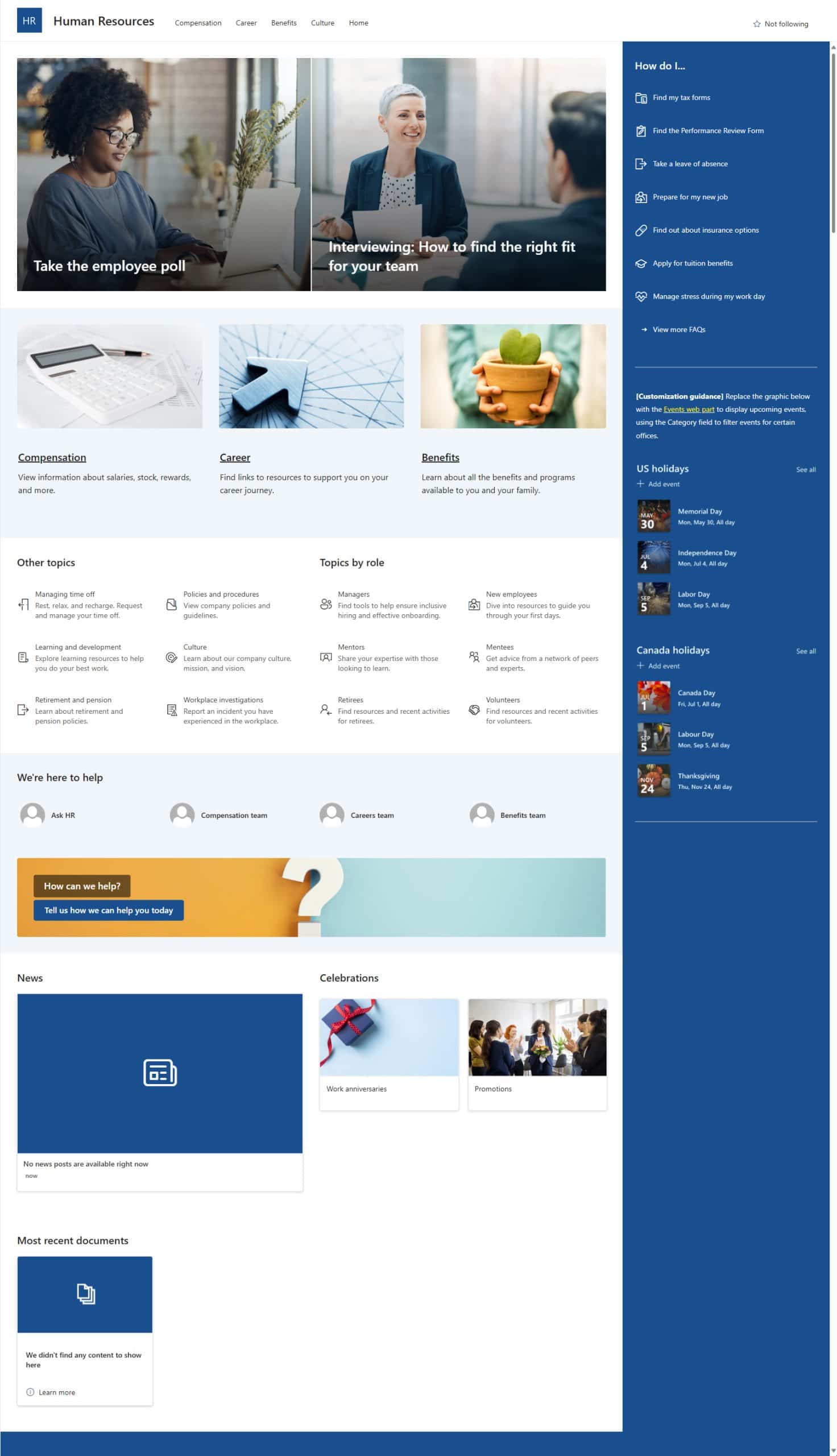 Template for creating a SharePoint site dedicated to HR content