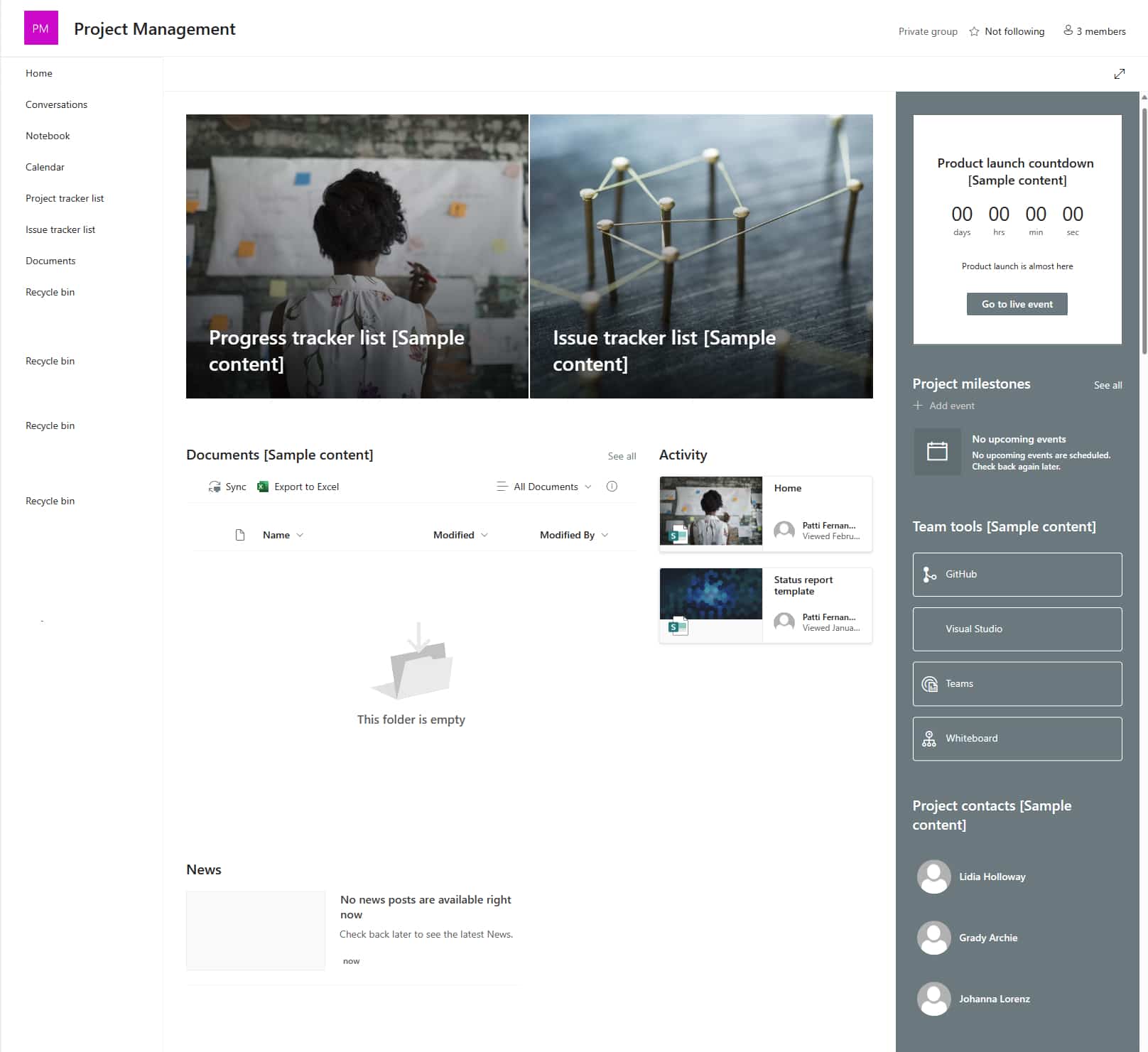 Template for creating a SharePoint project management site