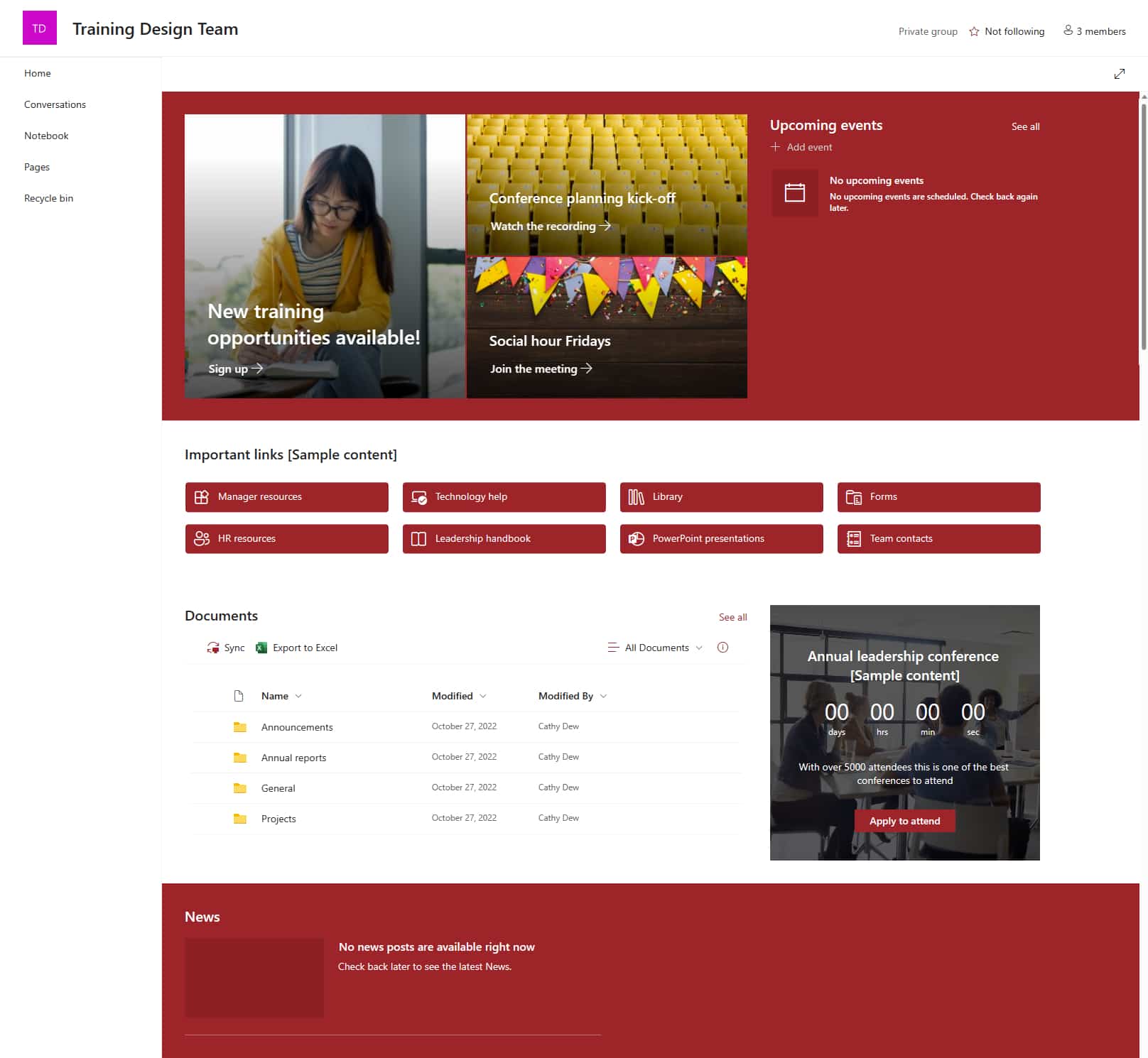 Template for creating a SharePoint site dedicated to team training