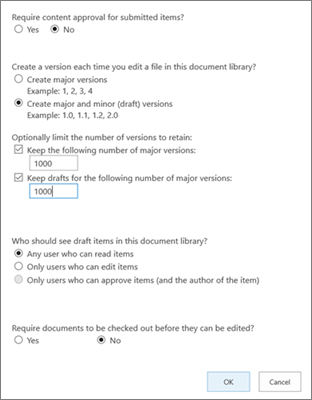Configurations pour le versionnage d’une bibliothèque SharePoint