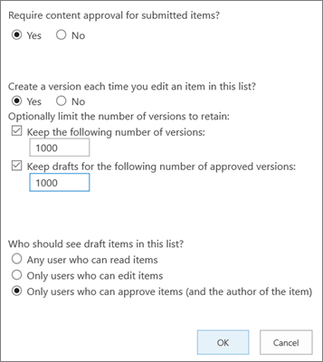Configurations pour le versionnement d'une liste SharePoint
