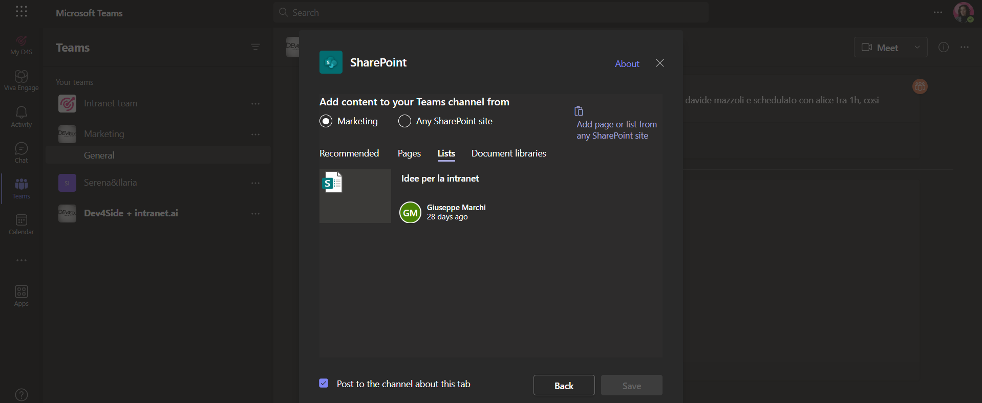 Adding a SharePoint list or document library as a tab in Teams