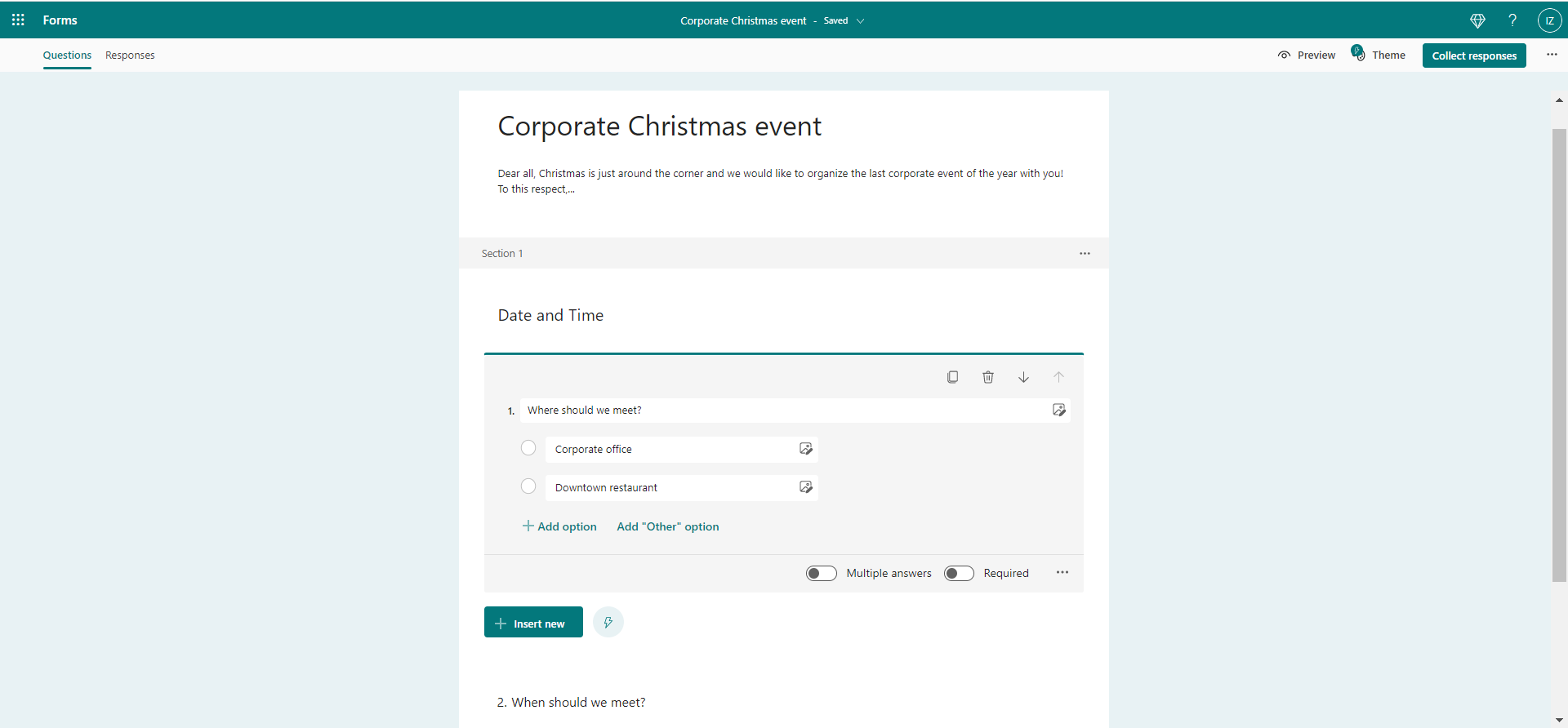 Creating a thematic section in a Microsoft Forms form