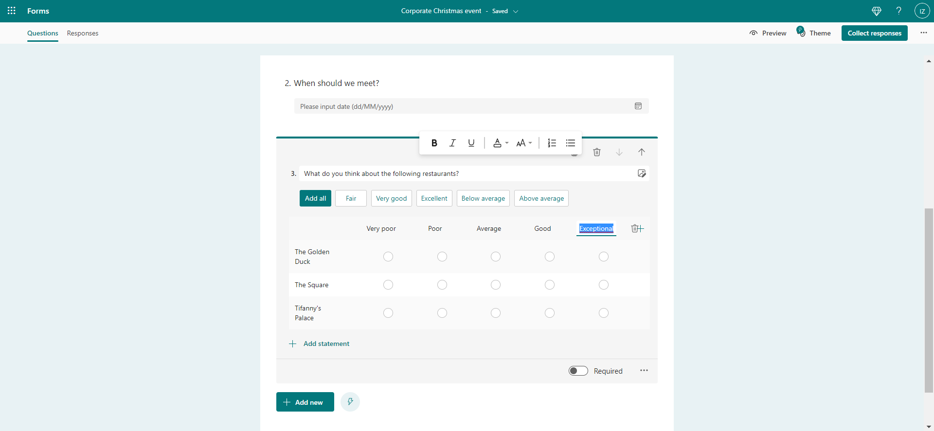 Inserting a rating table in a Microsoft Forms form