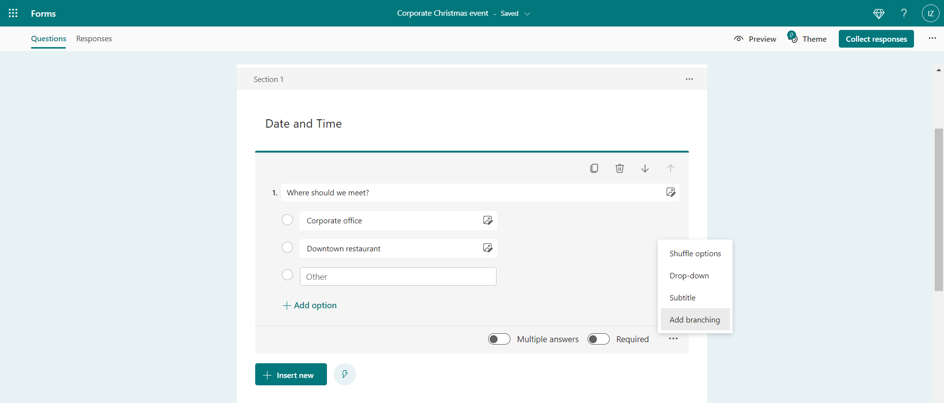 Building a branching user journey with Add Branching in Microsoft Forms