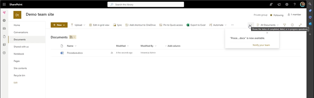 Upload status for a new document in a SharePoint document library